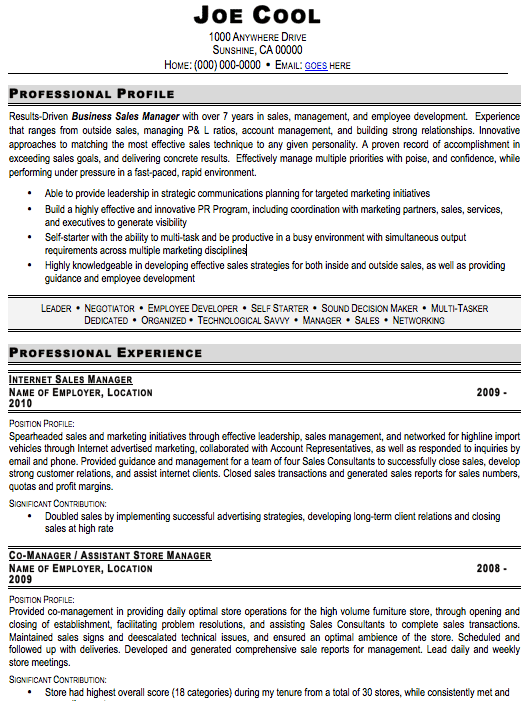 Automobile sales manager resume format