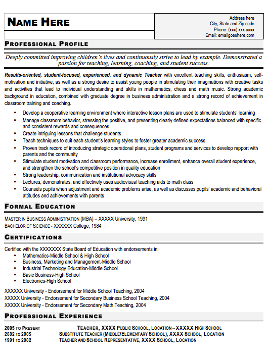 Professional Teacher Resume Sample